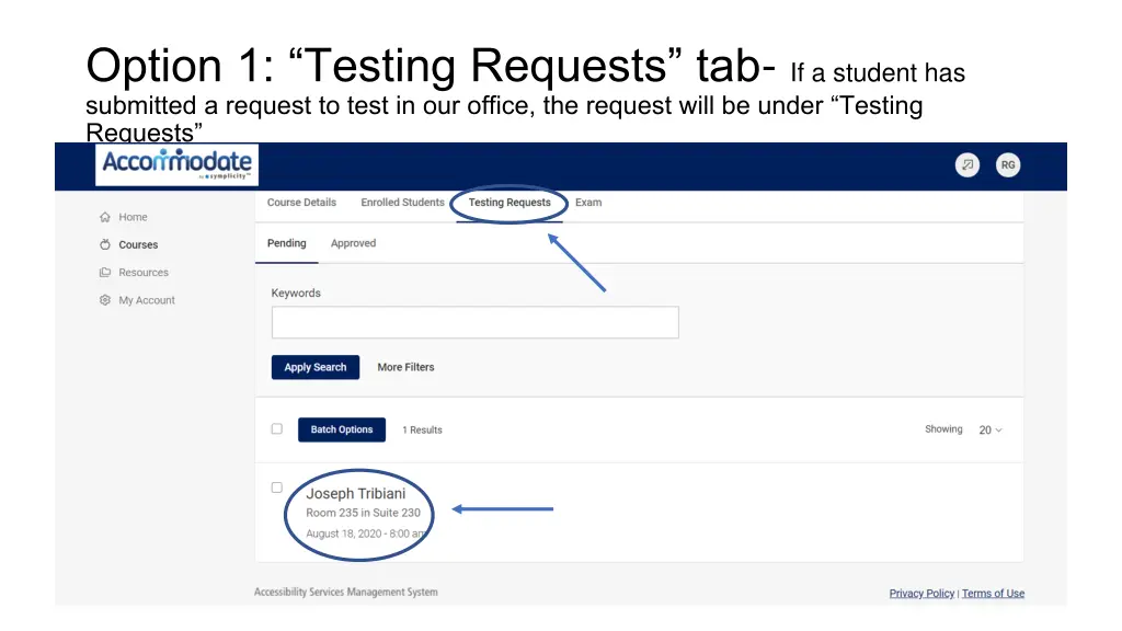 option 1 testing requests tab if a student