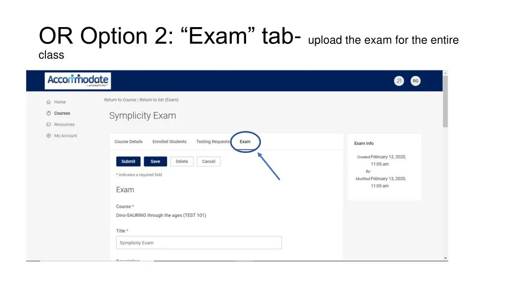 or option 2 exam tab upload the exam