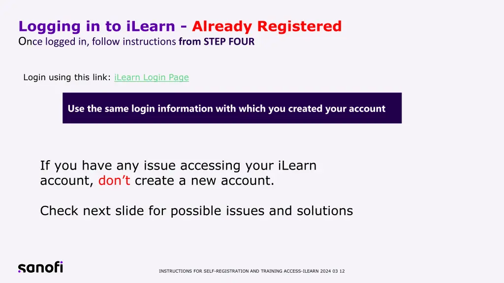 logging in to ilearn already registered