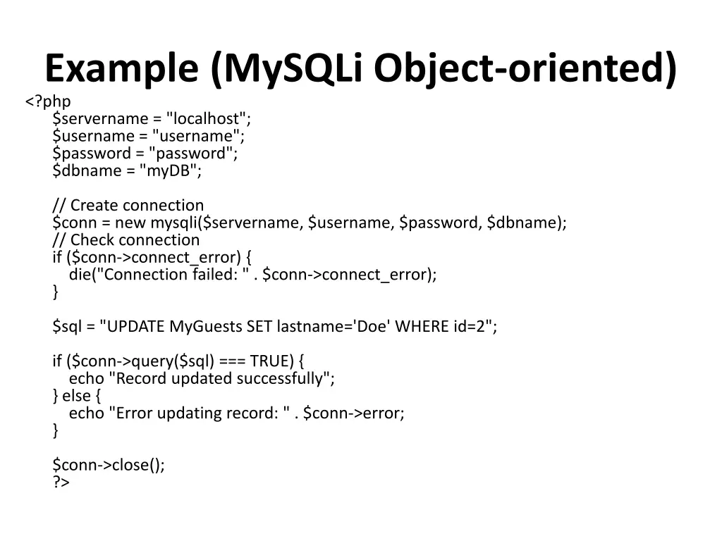 example mysqli object oriented php servername