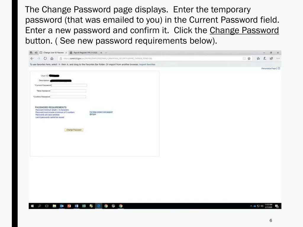 the change password page displays enter