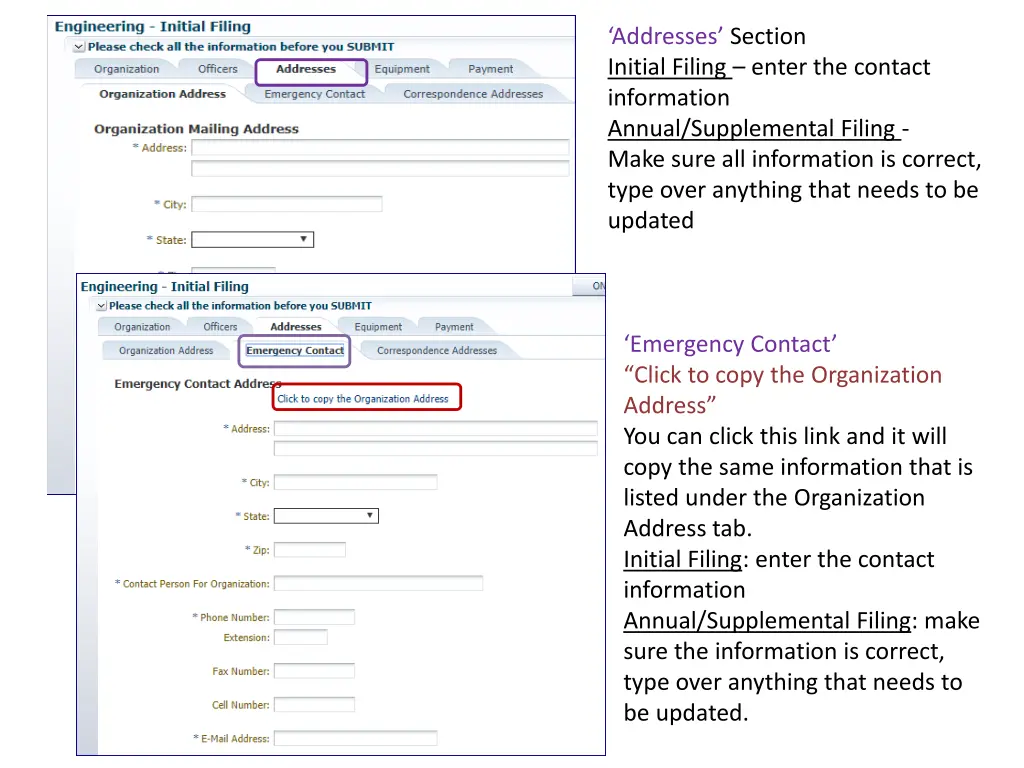 addresses section initial filing enter