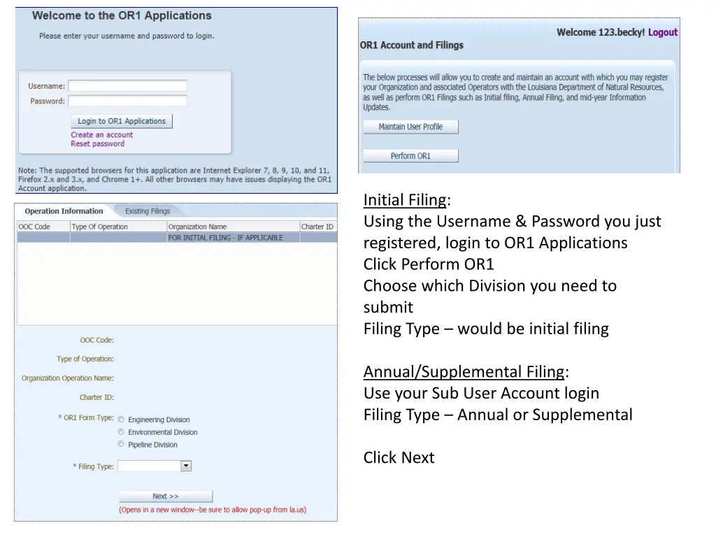 initial filing using the username password