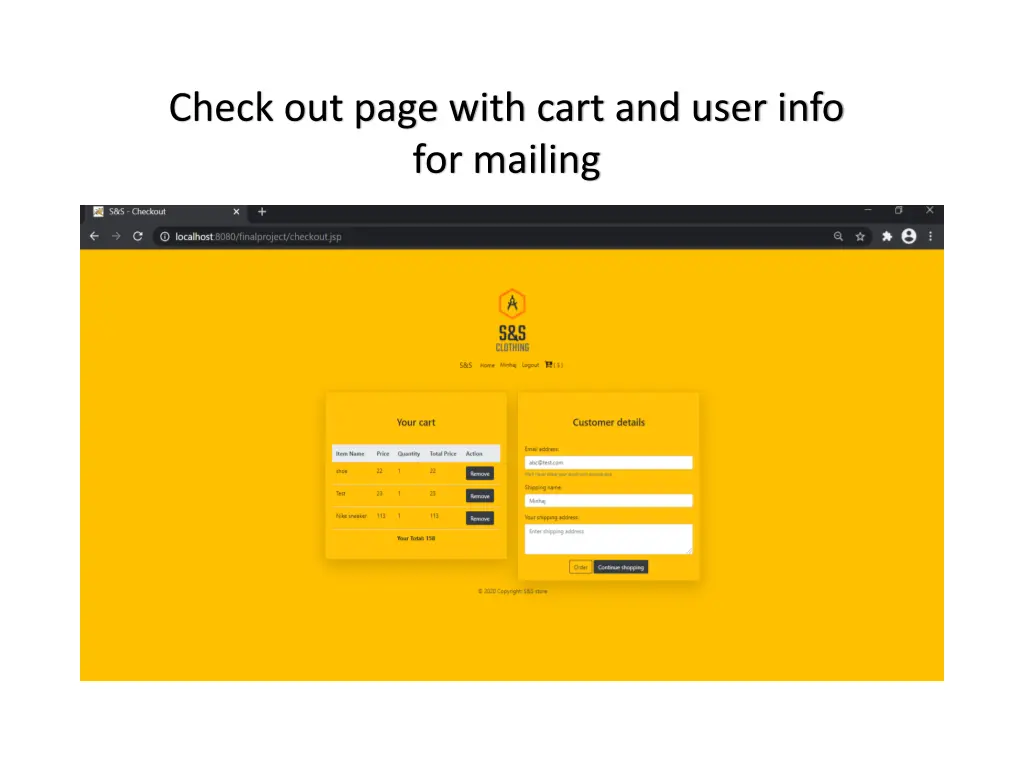 check out page with cart and user info for mailing