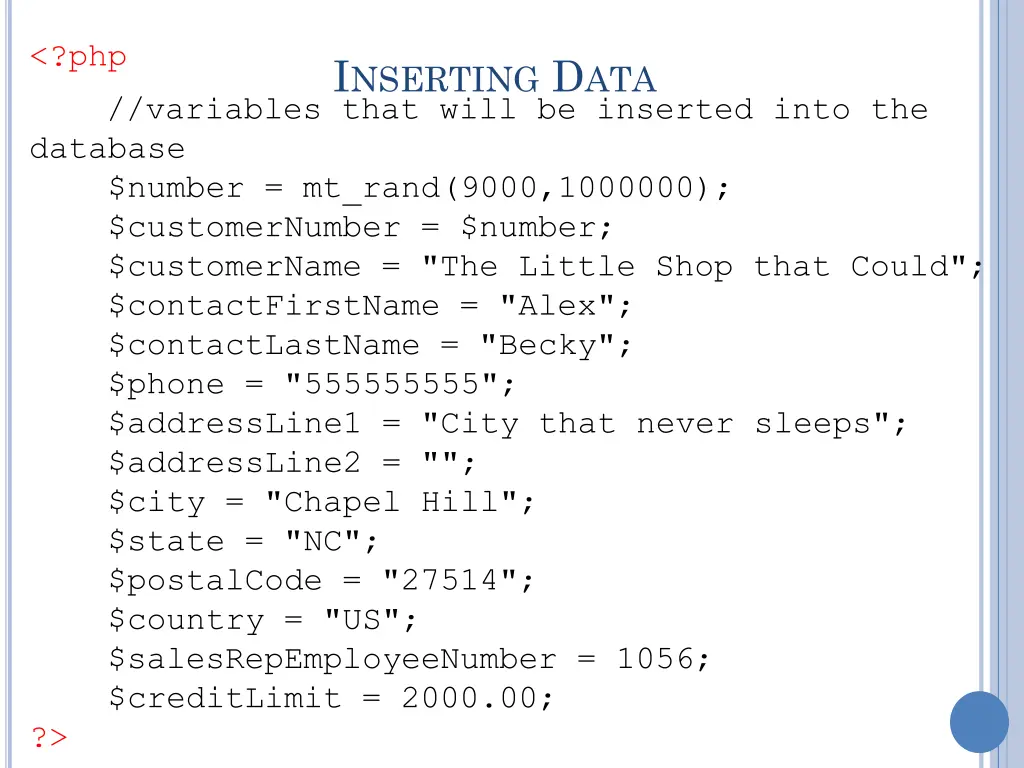 php variables that will be inserted into