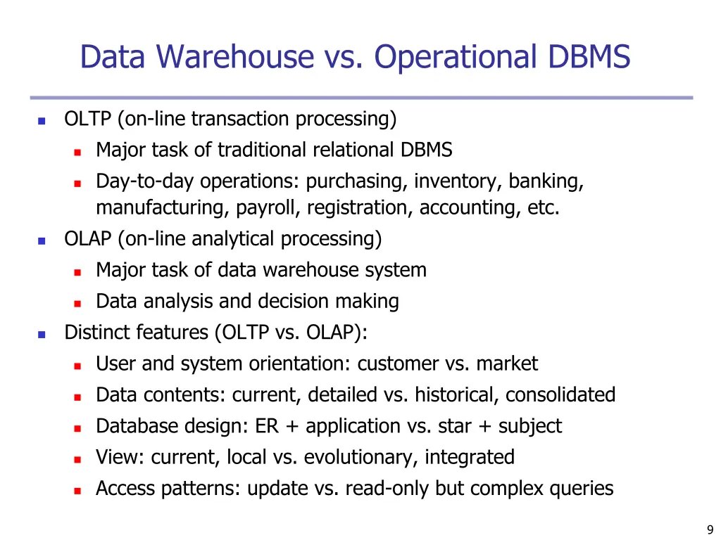 data warehouse vs operational dbms