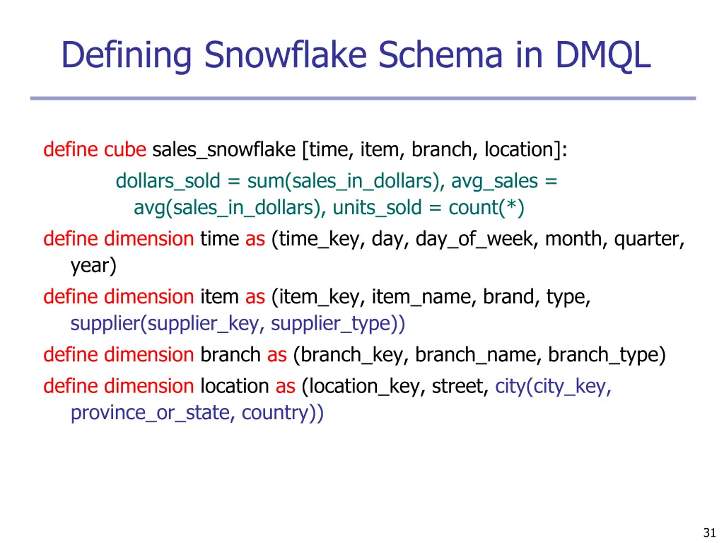 defining snowflake schema in dmql