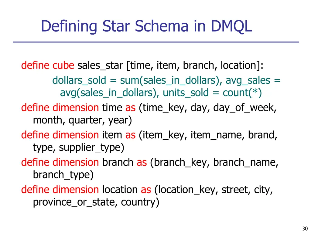 defining star schema in dmql