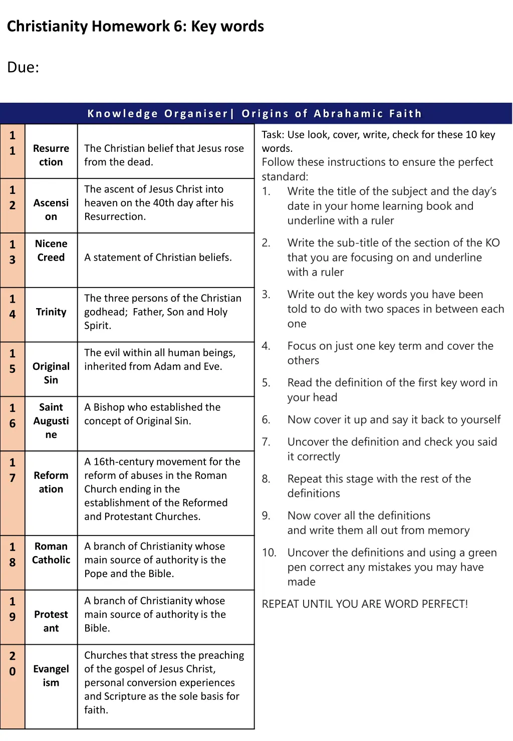 christianity homework 6 key words