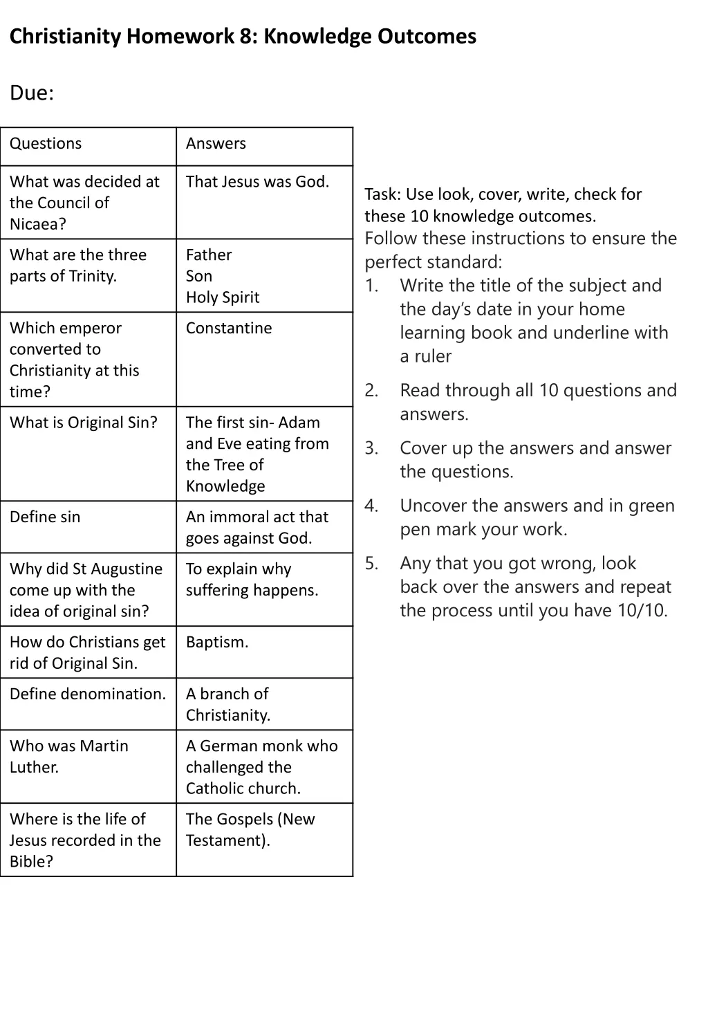 christianity homework 8 knowledge outcomes