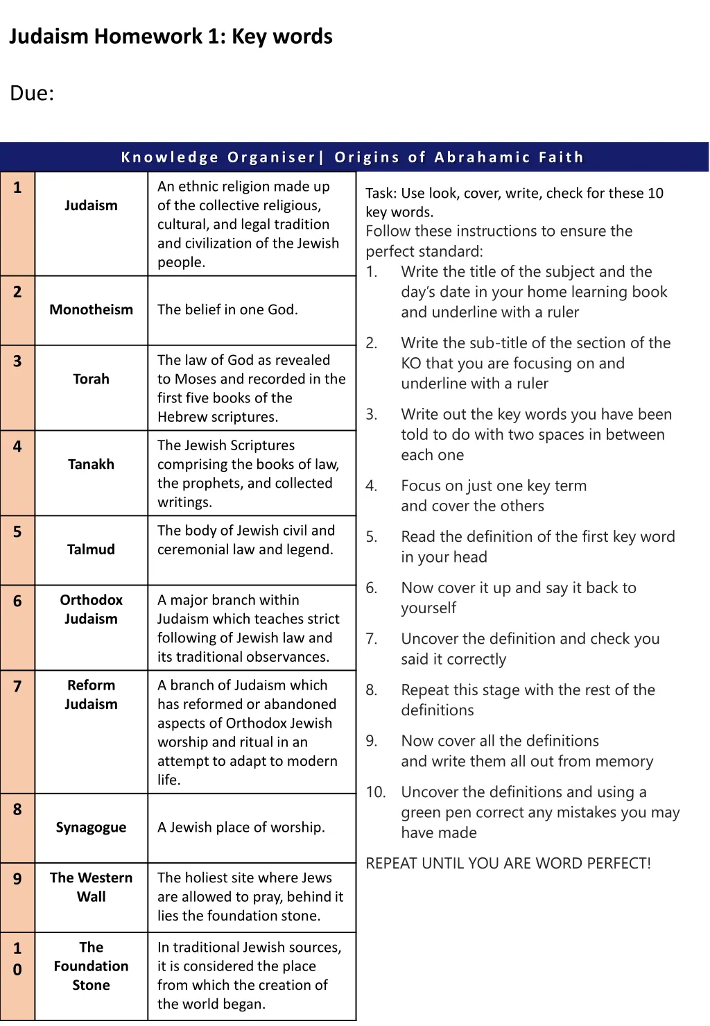 judaism homework 1 key words