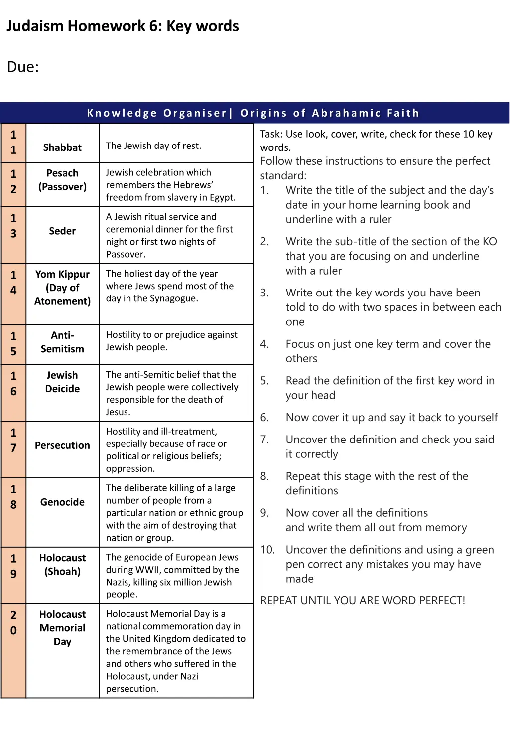 judaism homework 6 key words