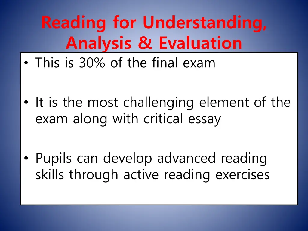 reading for understanding analysis evaluation