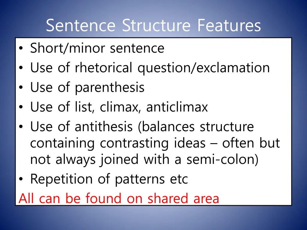 sentence structure features short minor sentence