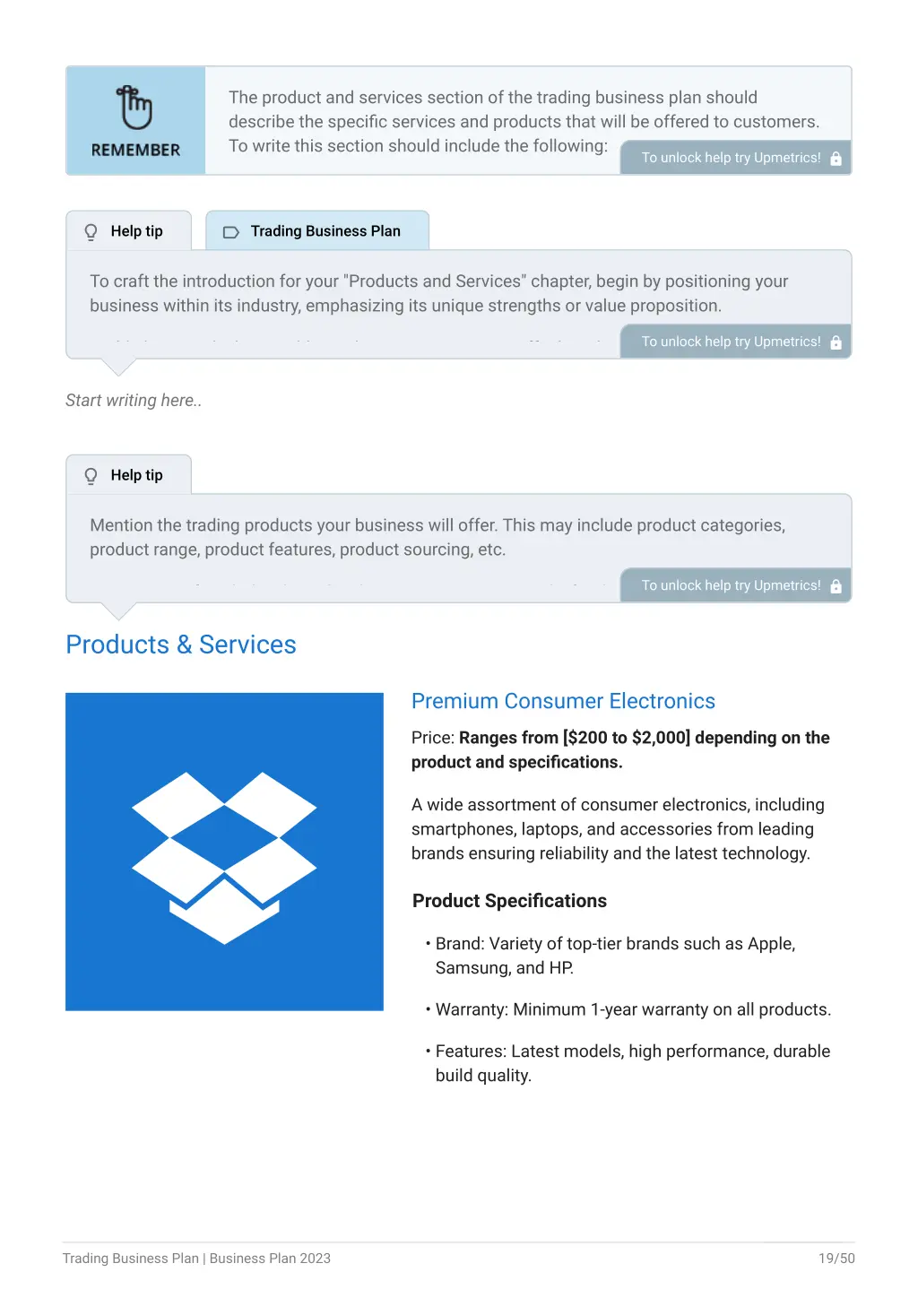 the product and services section of the trading