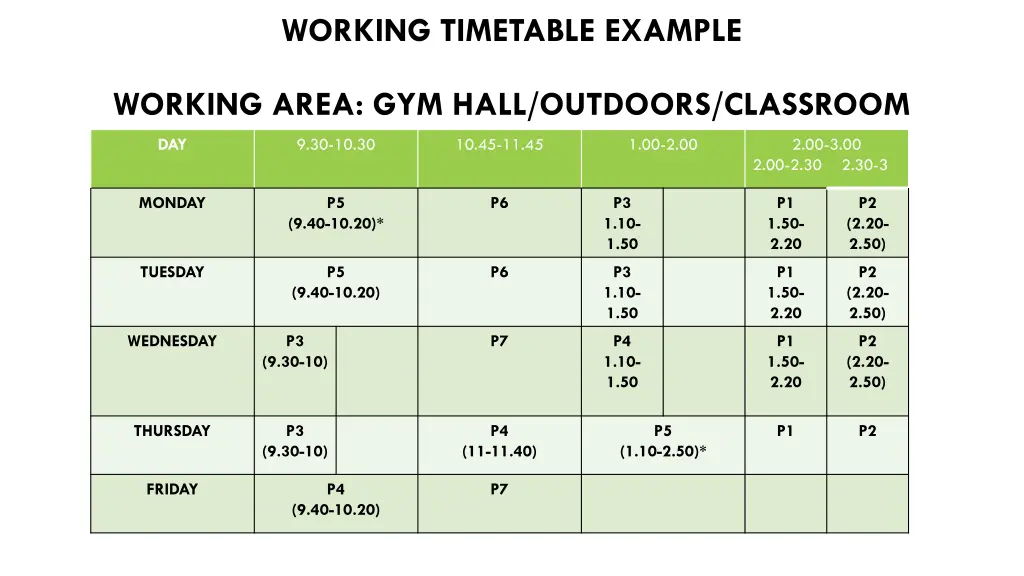 working timetable example