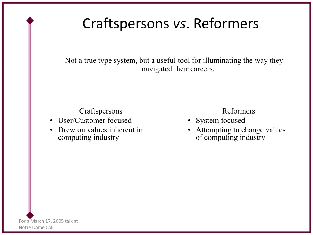 craftspersons vs reformers