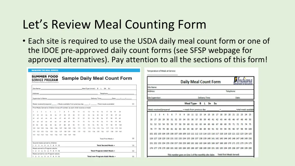 let s review meal counting form each site