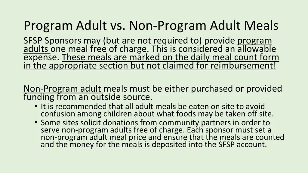 program adult vs non program adult meals sfsp