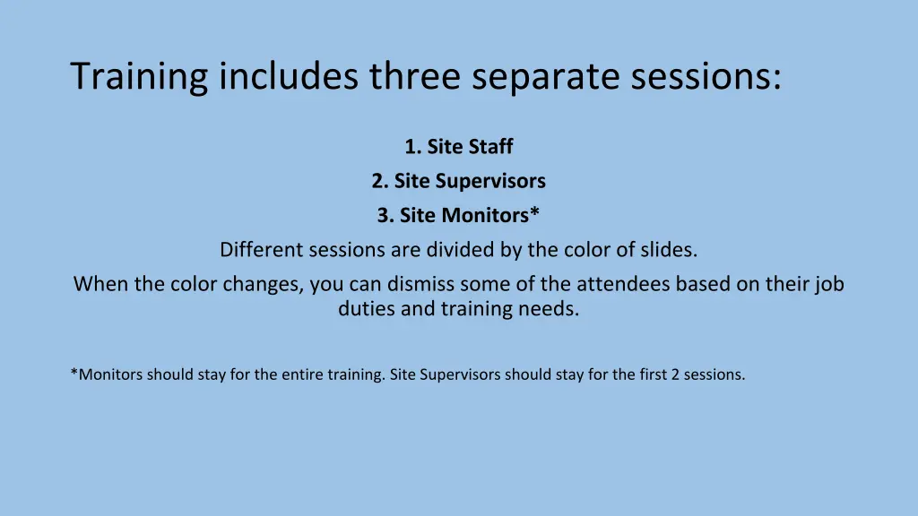 training includes three separate sessions