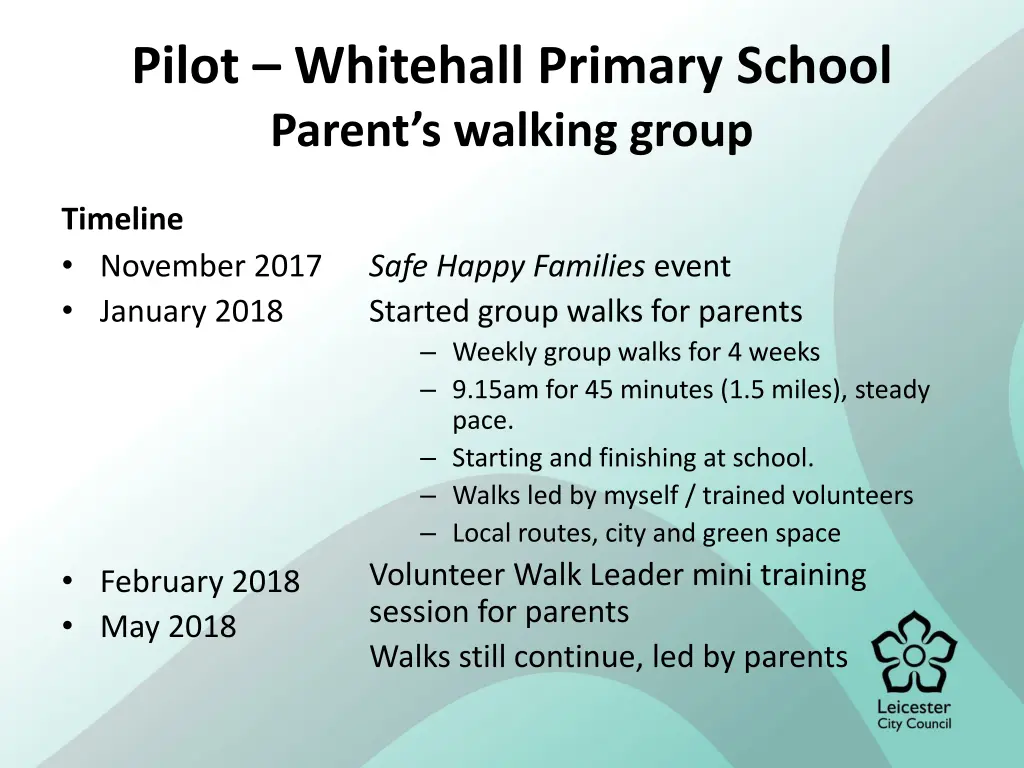 pilot whitehall primary school parent s walking