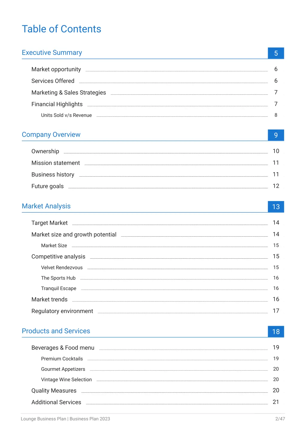 table of contents