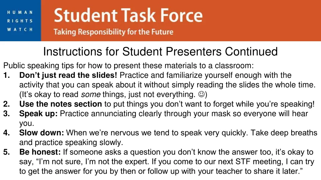 instructions for student presenters continued