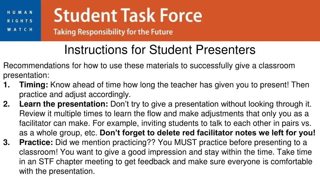 instructions for student presenters