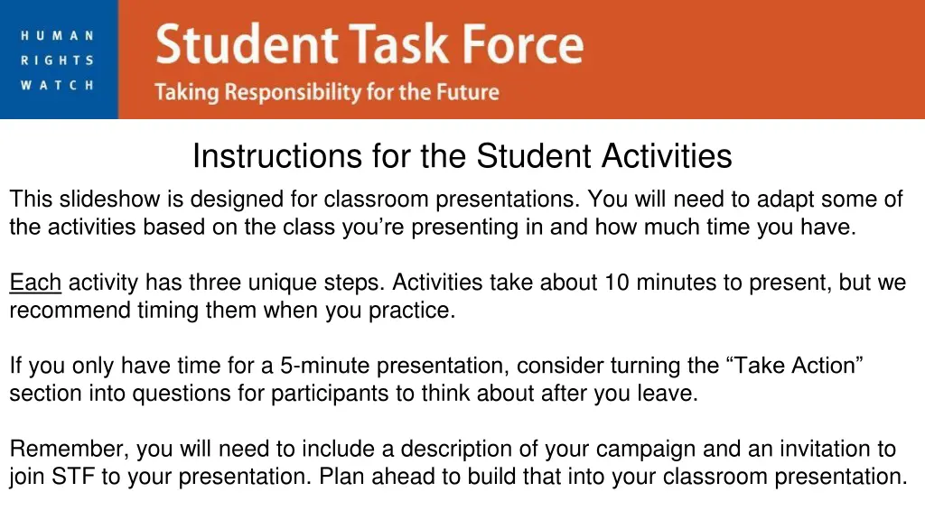 instructions for the student activities