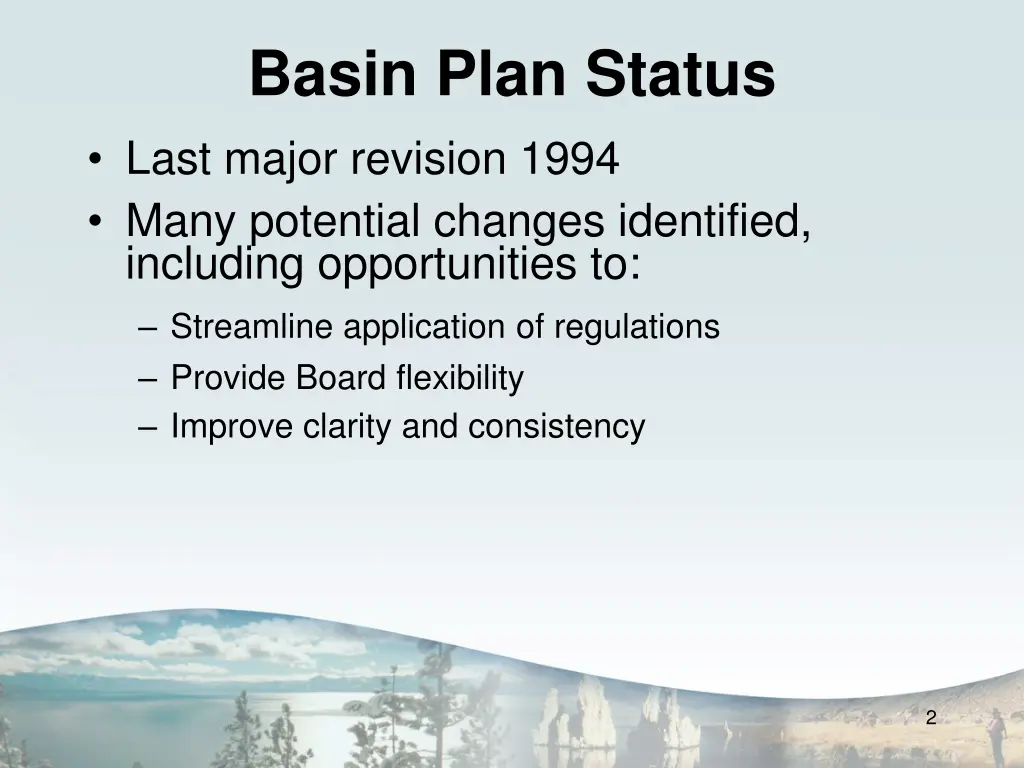 basin plan status last major revision 1994 many