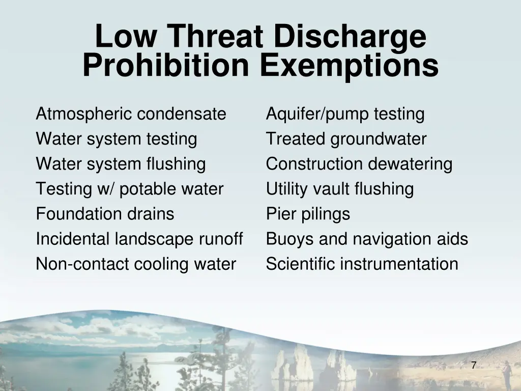 low threat discharge prohibition exemptions