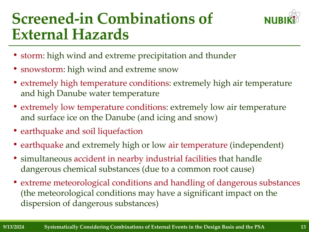 screened in combinations of external hazards