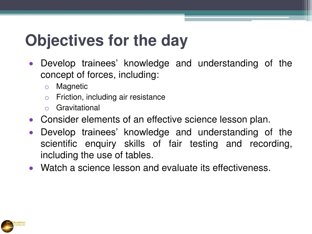 objectives for the day