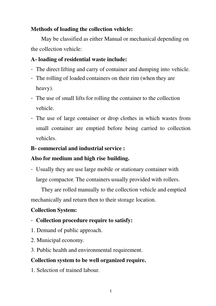 methods of loading the collection vehicle