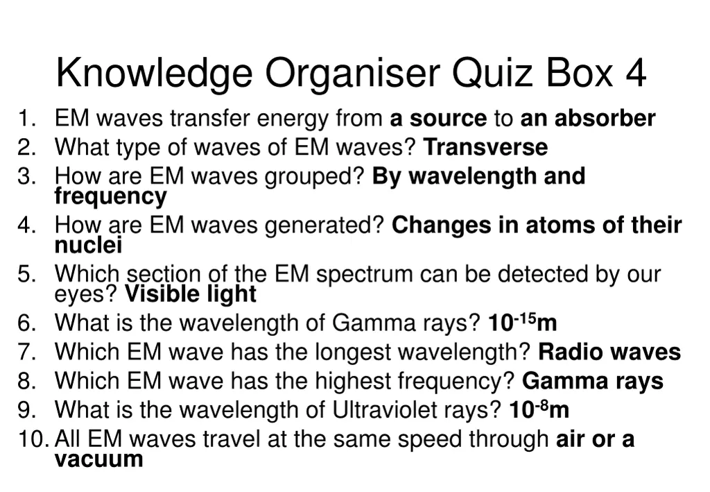 knowledge organiser quiz box 4 1 em waves 1