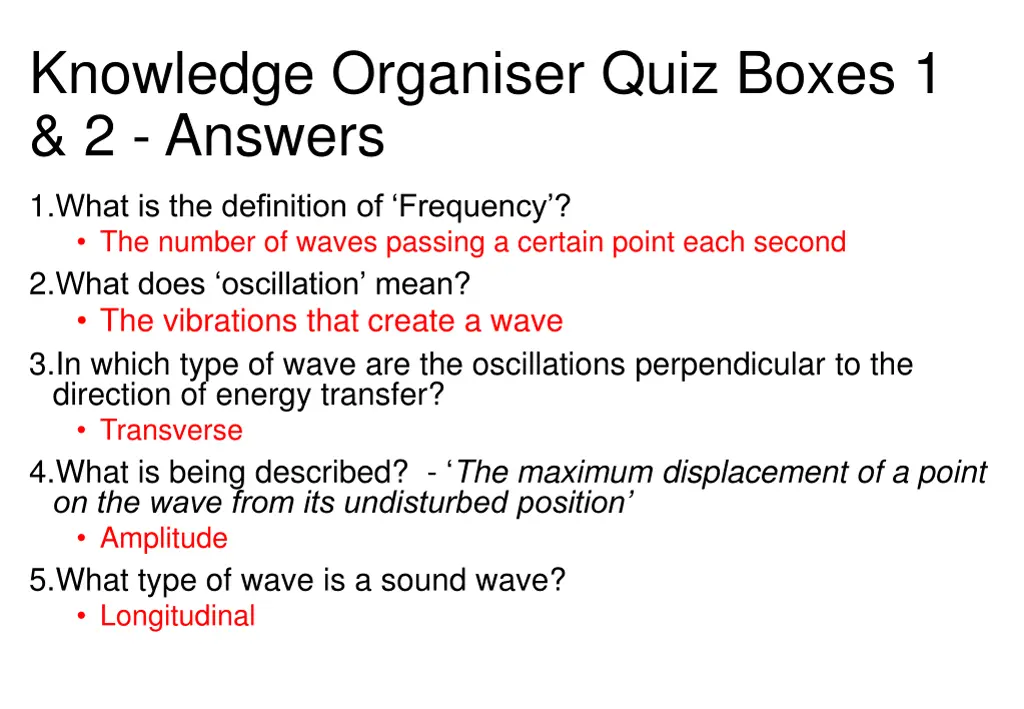 knowledge organiser quiz boxes 1 2 answers