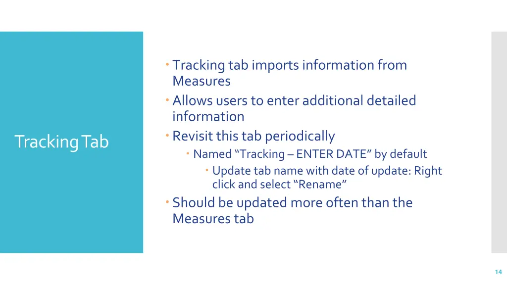 tracking tab imports information from measures