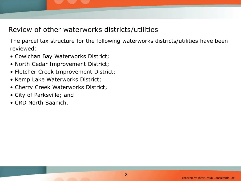 review of other waterworks districts utilities