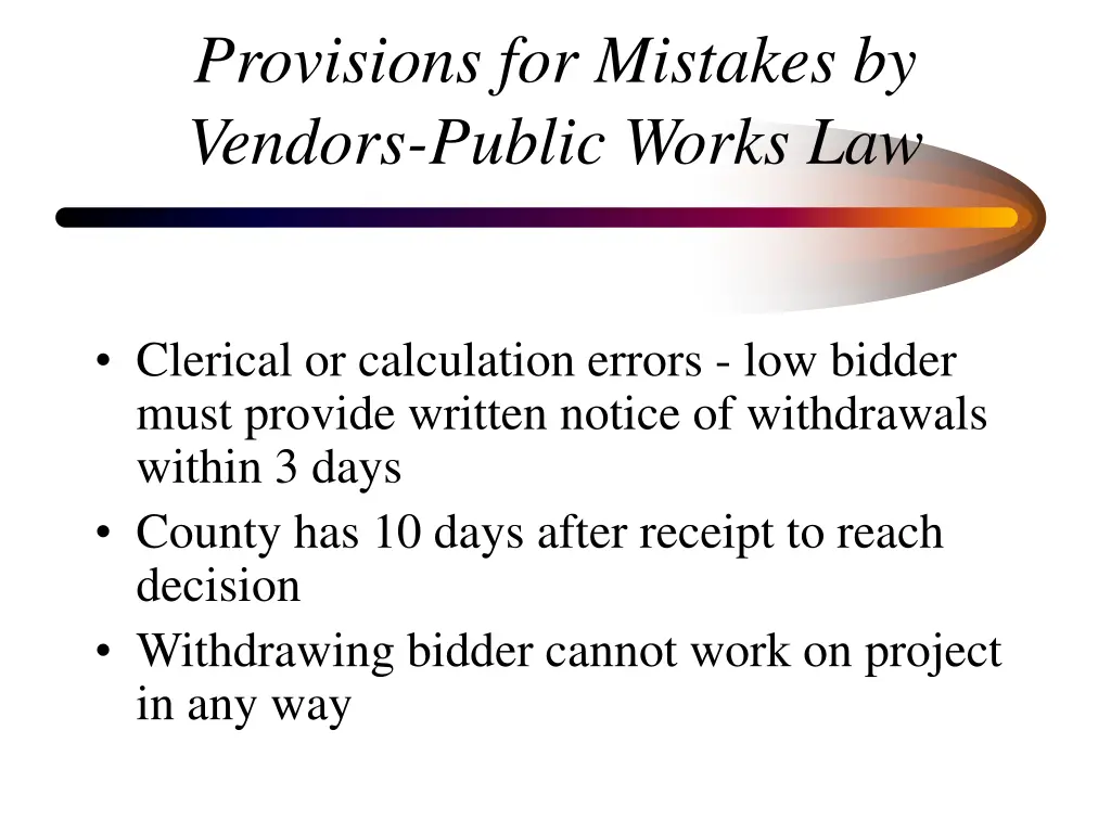 provisions for mistakes by vendors public works