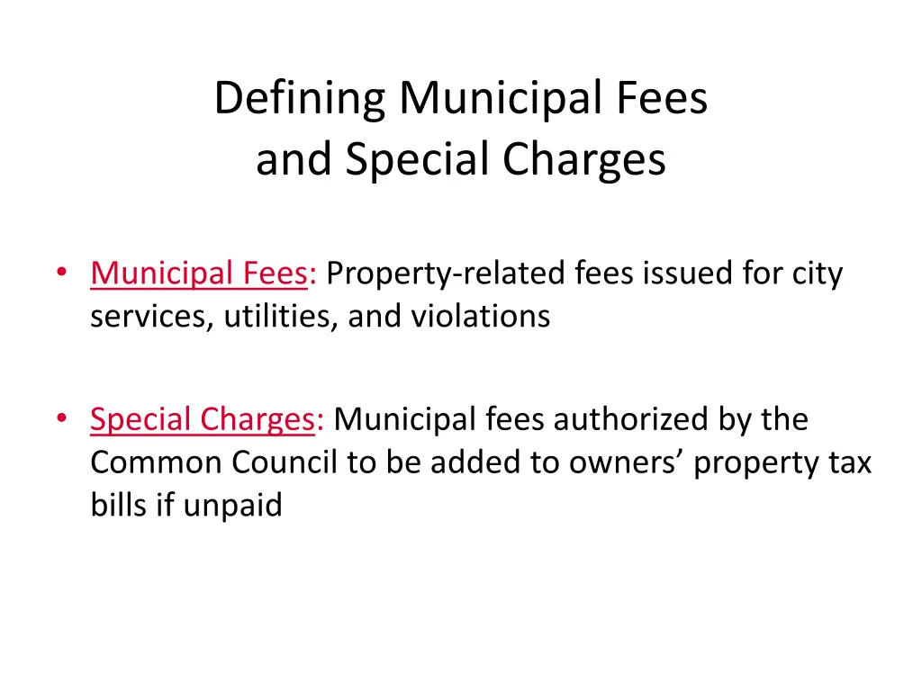 defining municipal fees and special charges