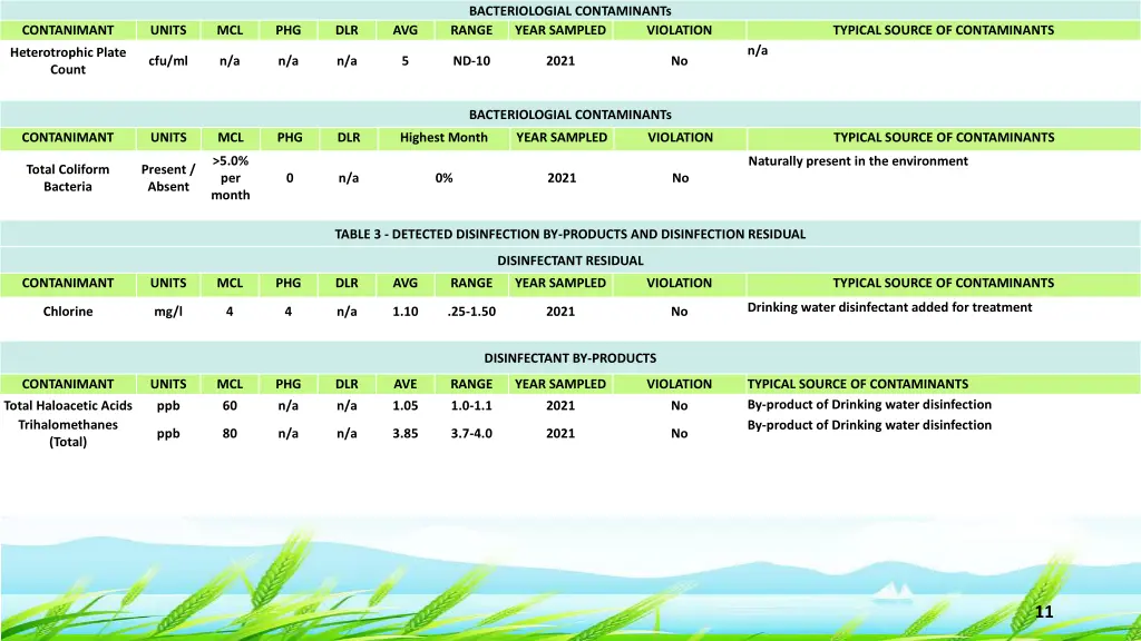 bacteriologial contaminants range year sampled