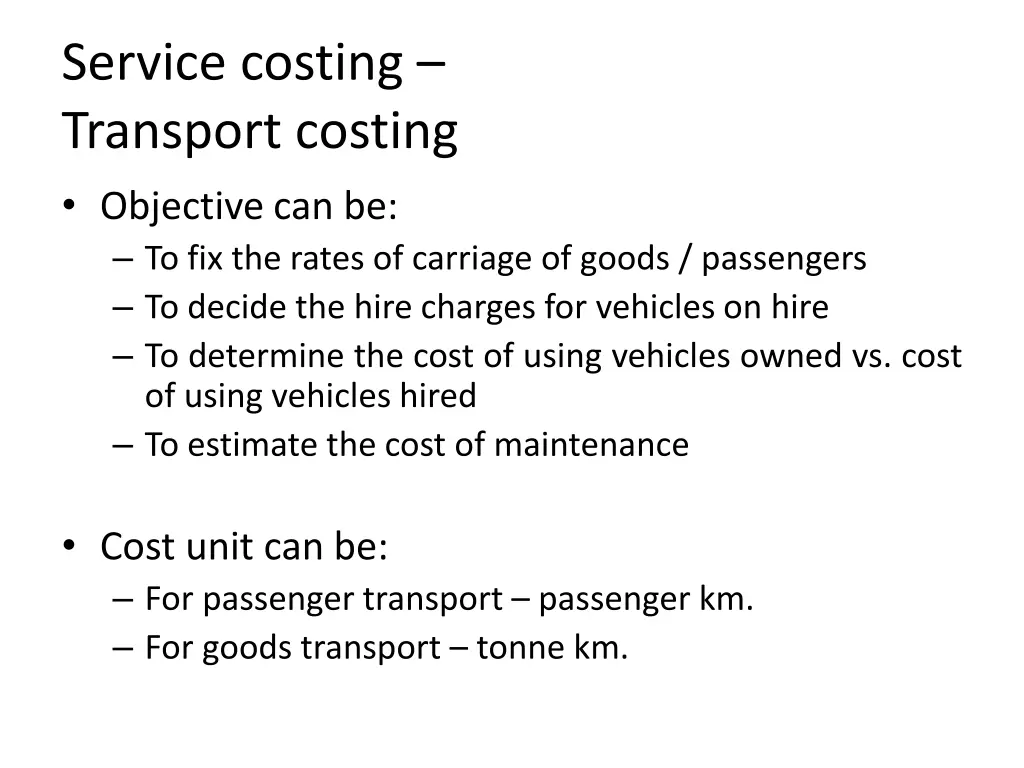 service costing transport costing objective