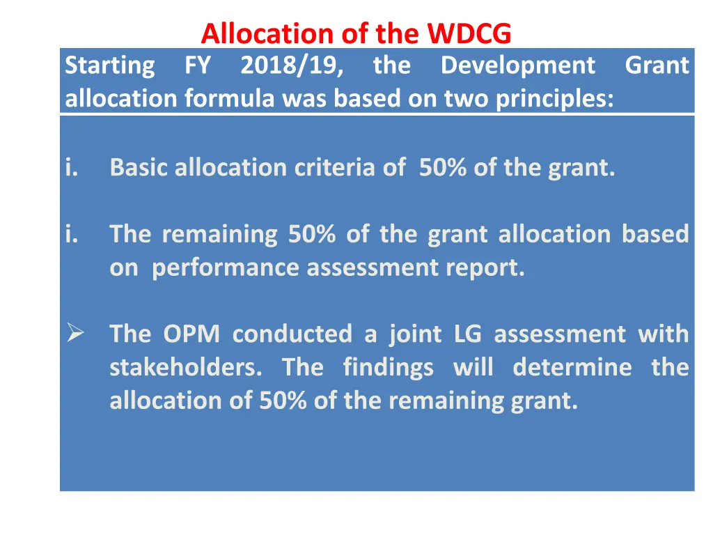 allocation of the wdcg starting fy 2018