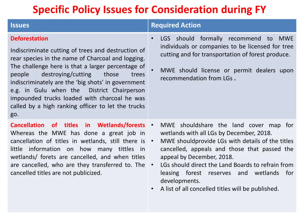 specific policy issues for consideration during 4