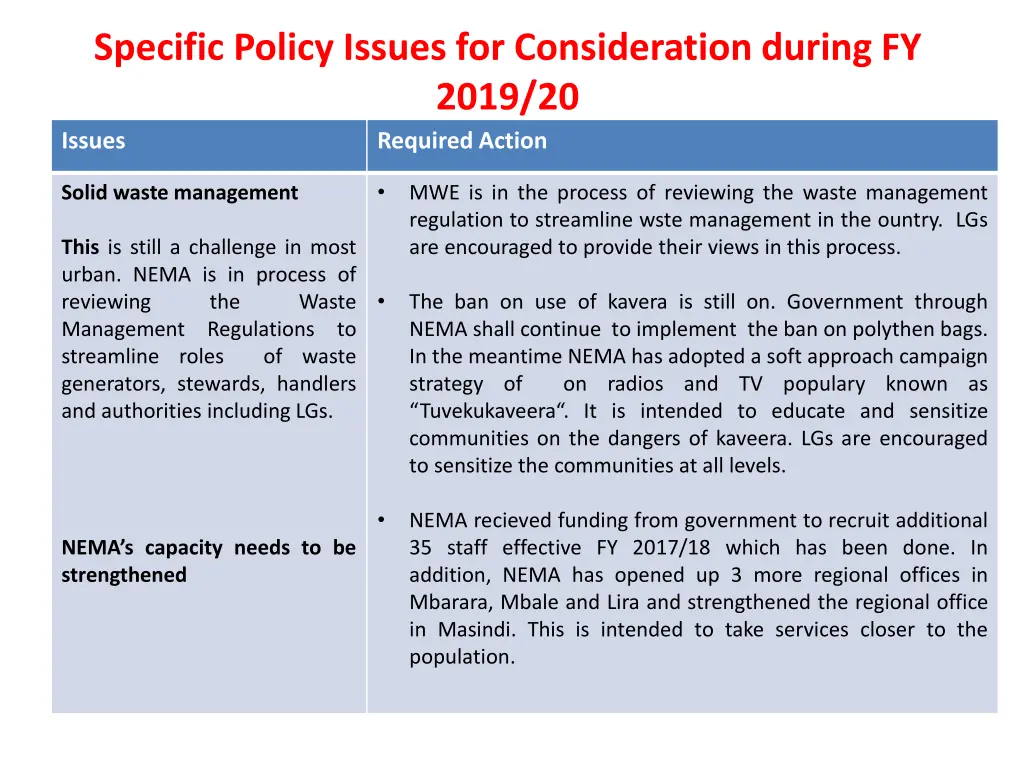 specific policy issues for consideration during 5