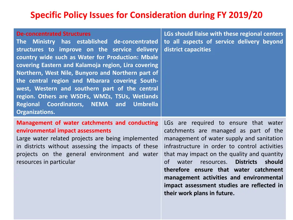 specific policy issues for consideration during 6