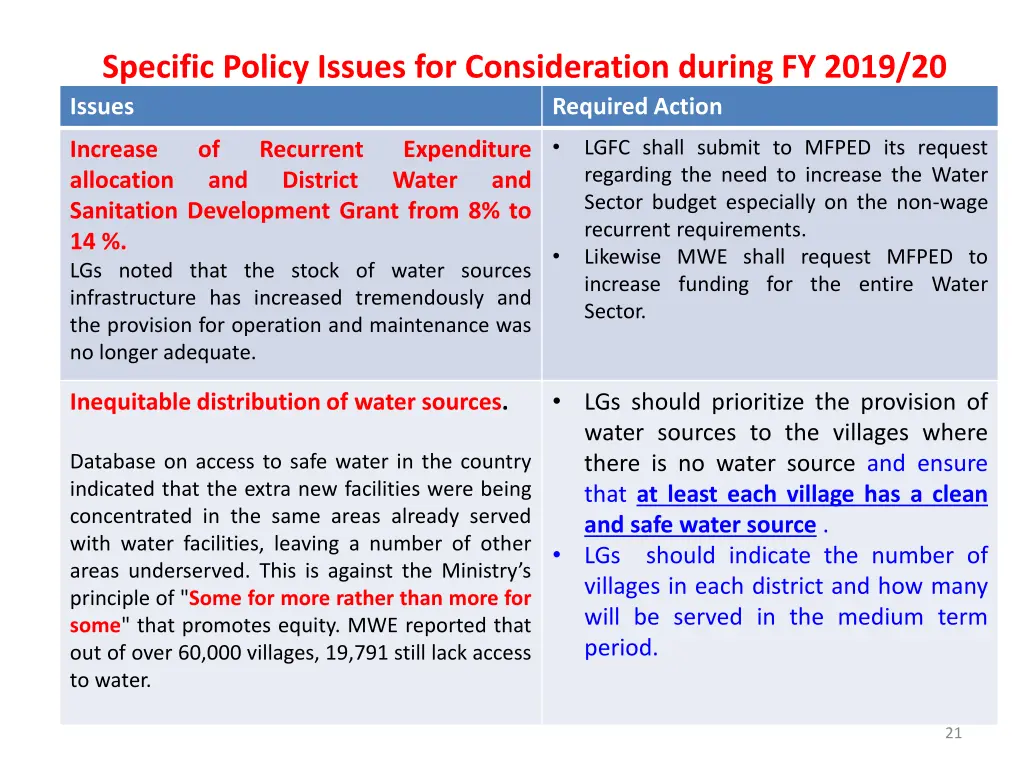 specific policy issues for consideration during