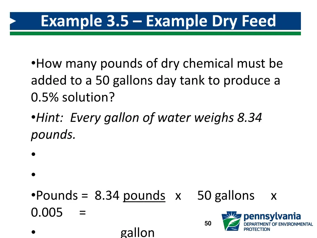 example 3 5 example dry feed solution tank mixing