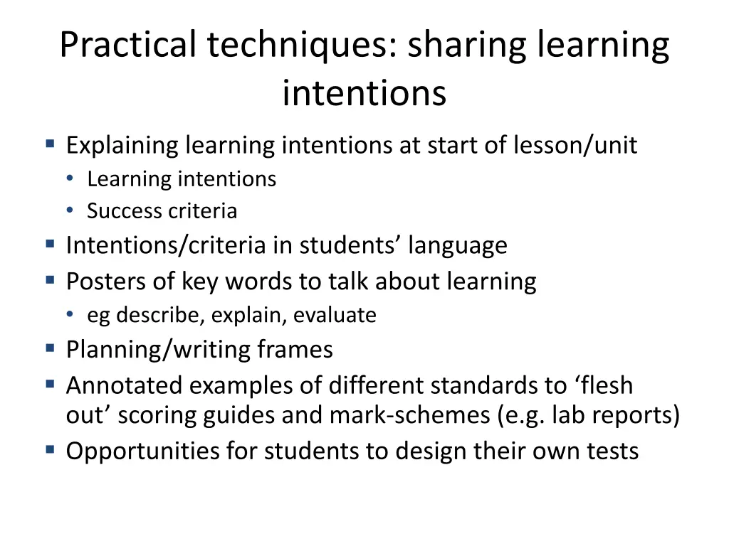 practical techniques sharing learning intentions