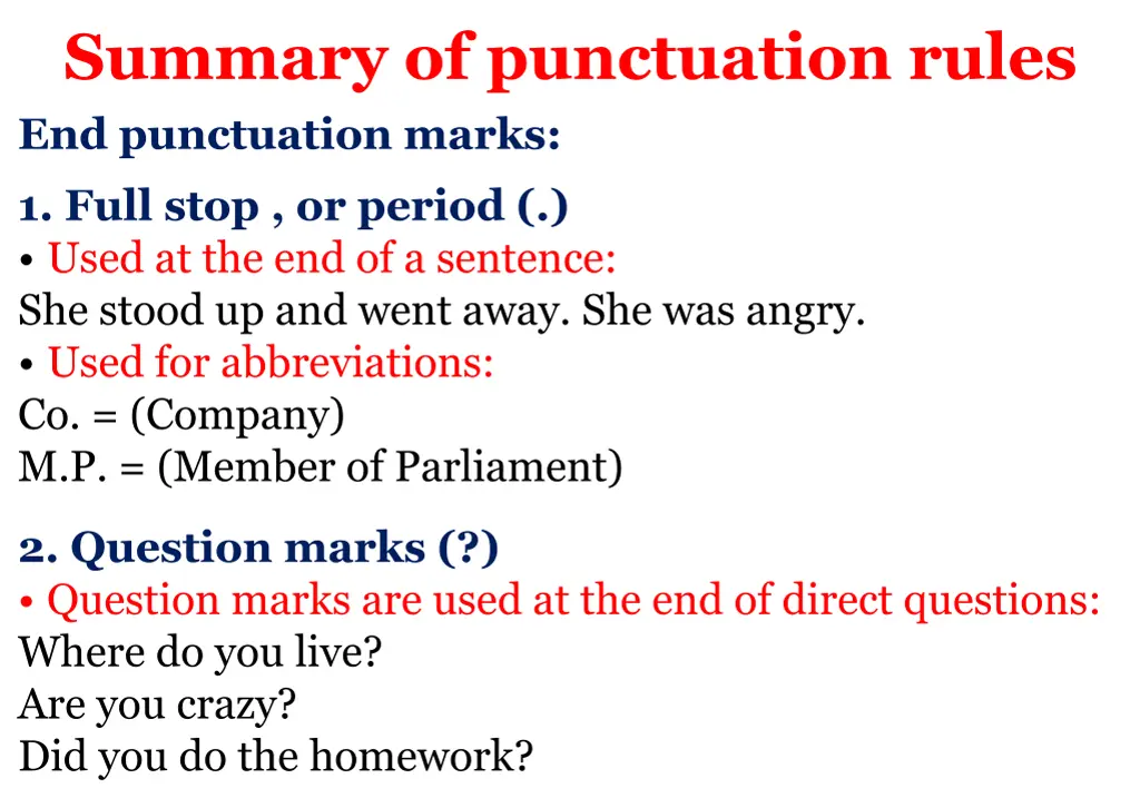 summary of punctuation rules end punctuation marks